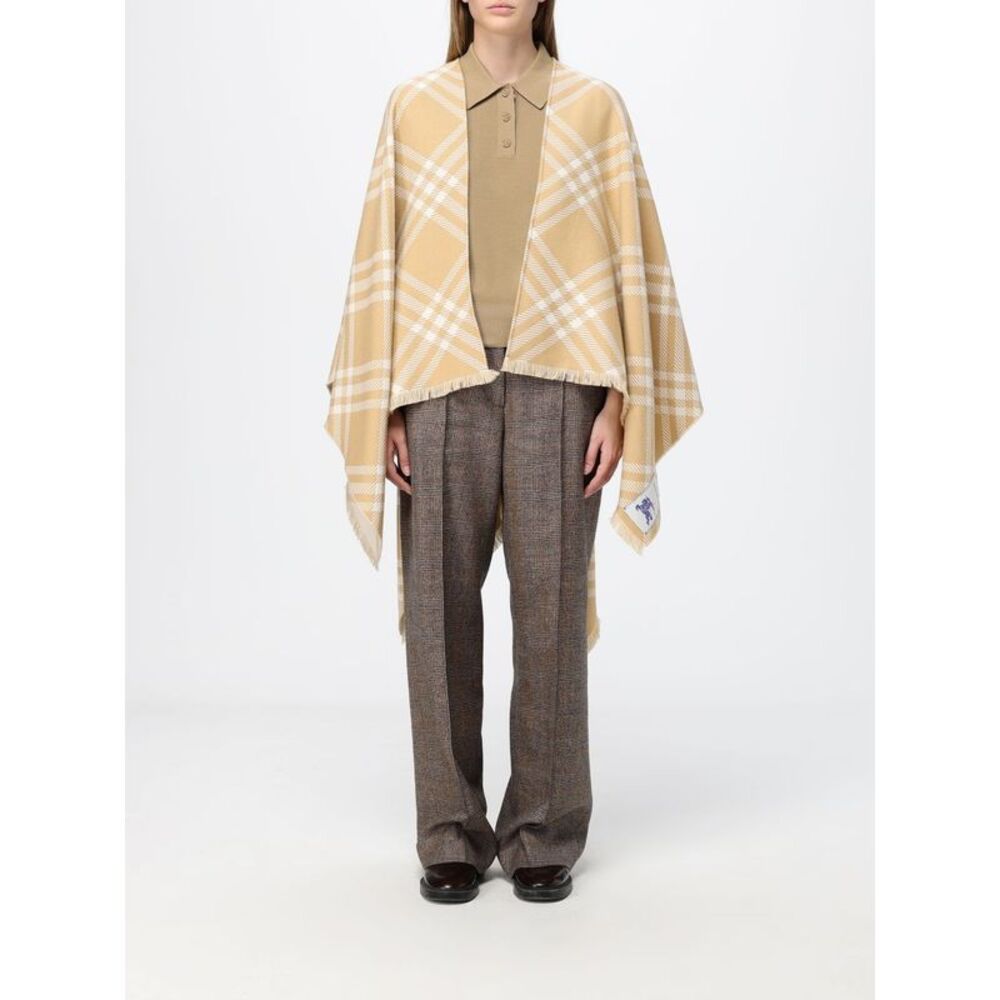 Burberry Women Check Wool And Cashmere Blend Cape Burberry With Fringed Hem